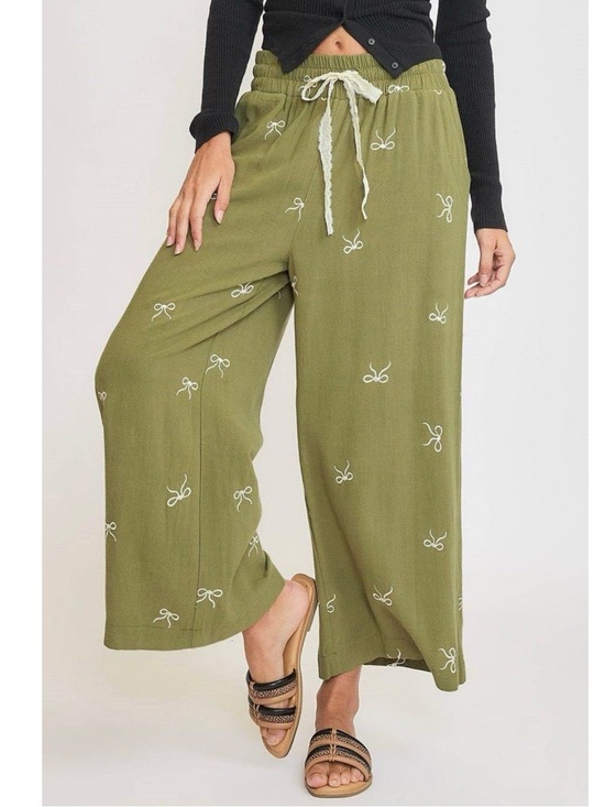 Umgee Pants - Umgee Linen Blend Wide Leg Pants SZ L Green Bows Flowy Lace Drawstring Waist